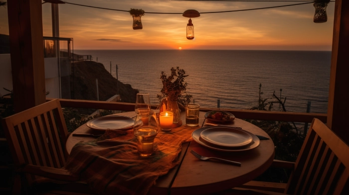 an intimate dinner overlooking the ocean at sunset